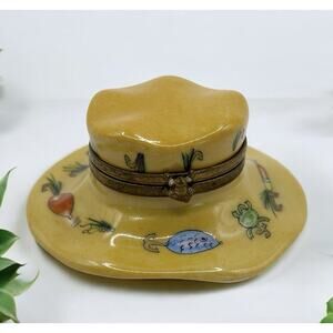 Limoges Peint Main Fishing Hat with Lures Porcelain Trinket Box France